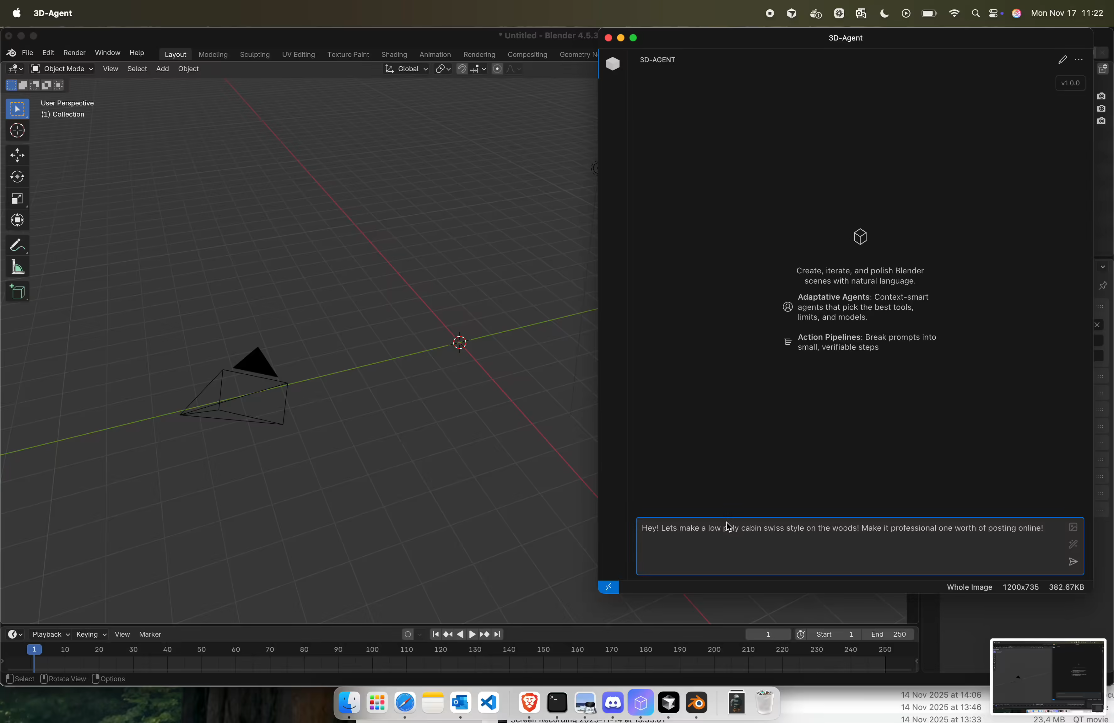 Blender AI demonstration showing text-to-3D generation creating architectural models from simple text prompts