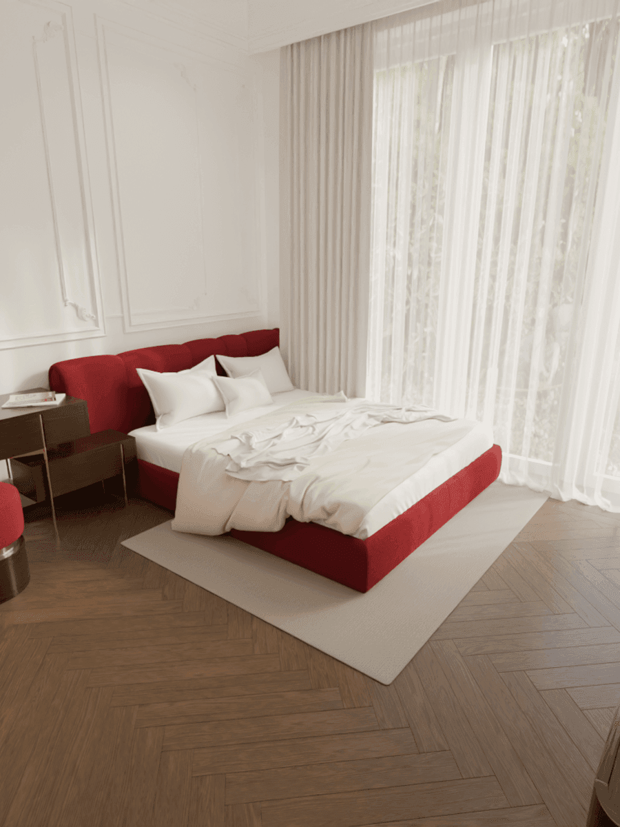 Bright bedroom with a red bed and sheer curtains, rendered in Blender