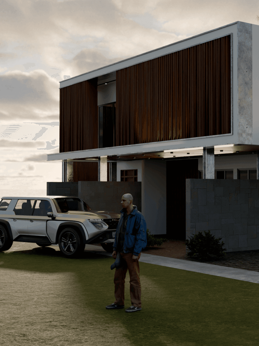 Modern two-story house with wooden louvers, rendered in Blender