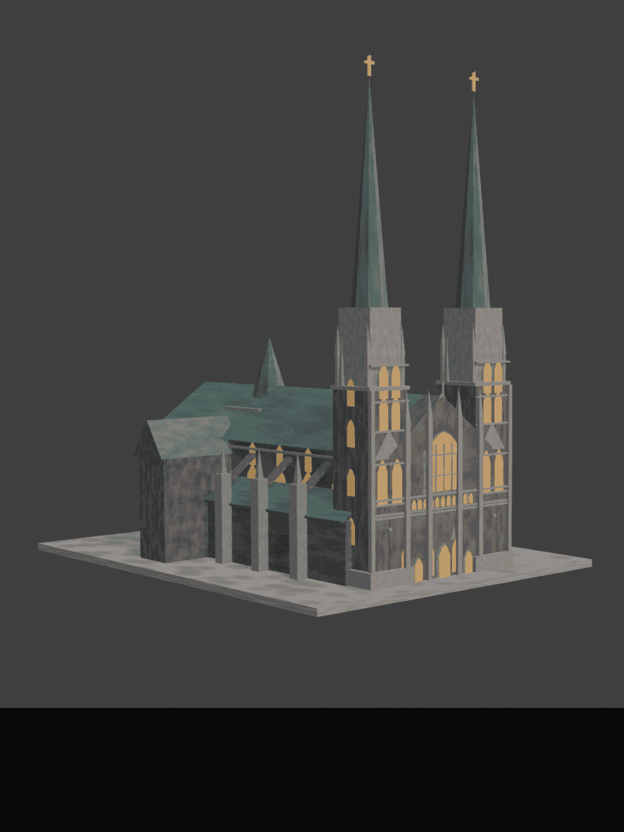 Modular gothic church with twin spires, built in Blender
