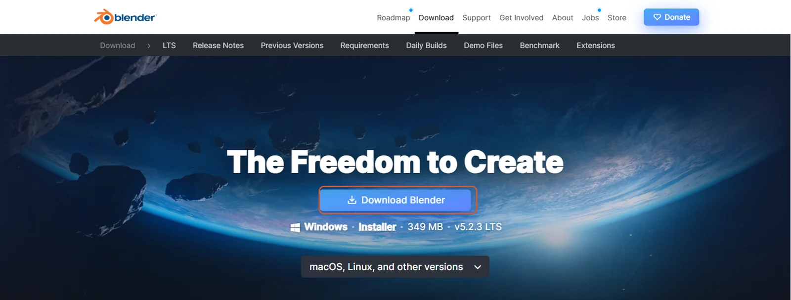 The blender.org download page with the Download Blender button highlighted, above the Windows installer, its size and version