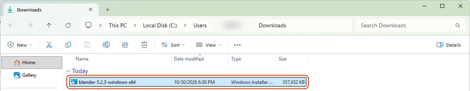 File Explorer showing the Blender Windows installer file in the Downloads folder