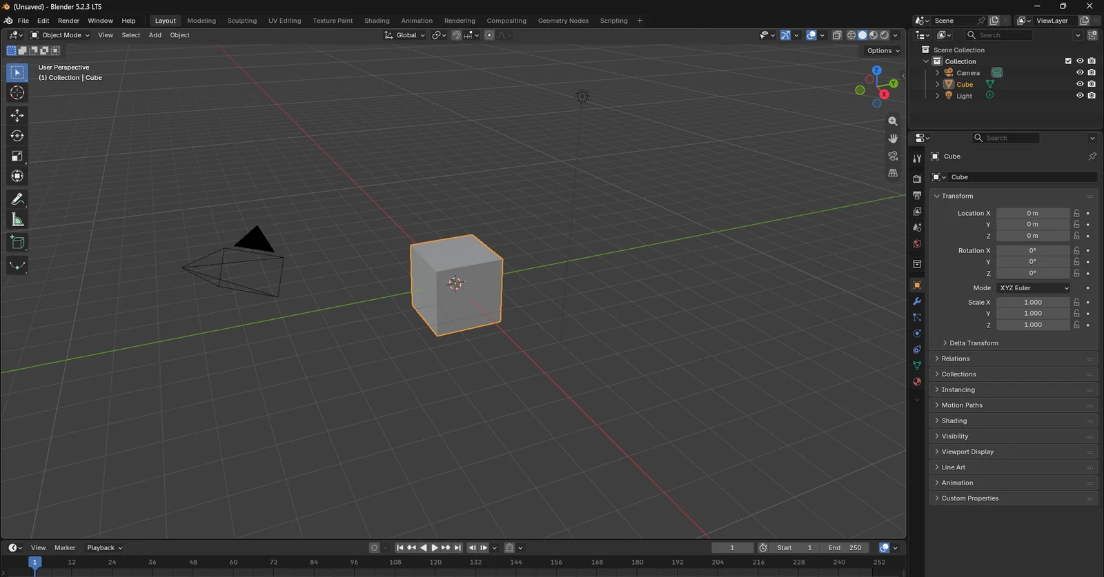 Blender on Windows with its default scene, a cube, a camera and a light, in the Layout workspace