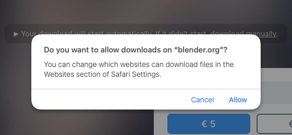 Safari asking Do you want to allow downloads on blender.org, with the Cancel and Allow buttons