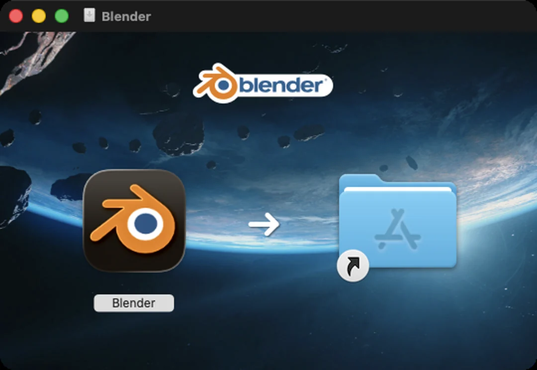 The Blender disk image window: drag the Blender icon onto the Applications folder