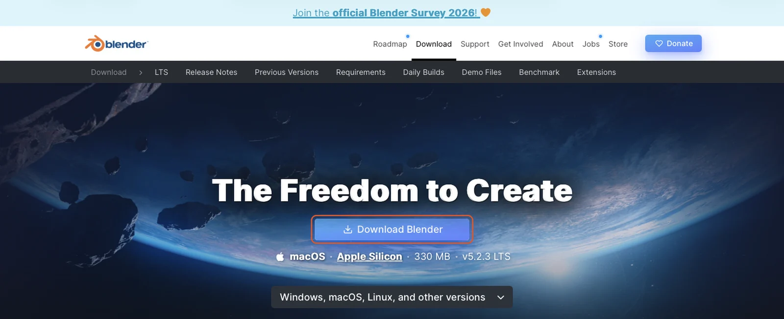 The blender.org download page in Safari with the Download Blender button highlighted, above macOS, Apple Silicon, its size and version
