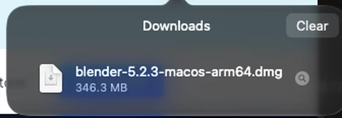 Safari's Downloads list showing the Blender macOS disk image