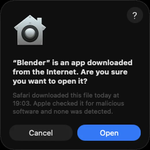 The macOS prompt: Blender is an app downloaded from the Internet. Are you sure you want to open it? with the Cancel and Open buttons