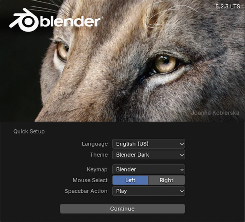 Blender's Quick Setup screen on macOS, with the Continue button