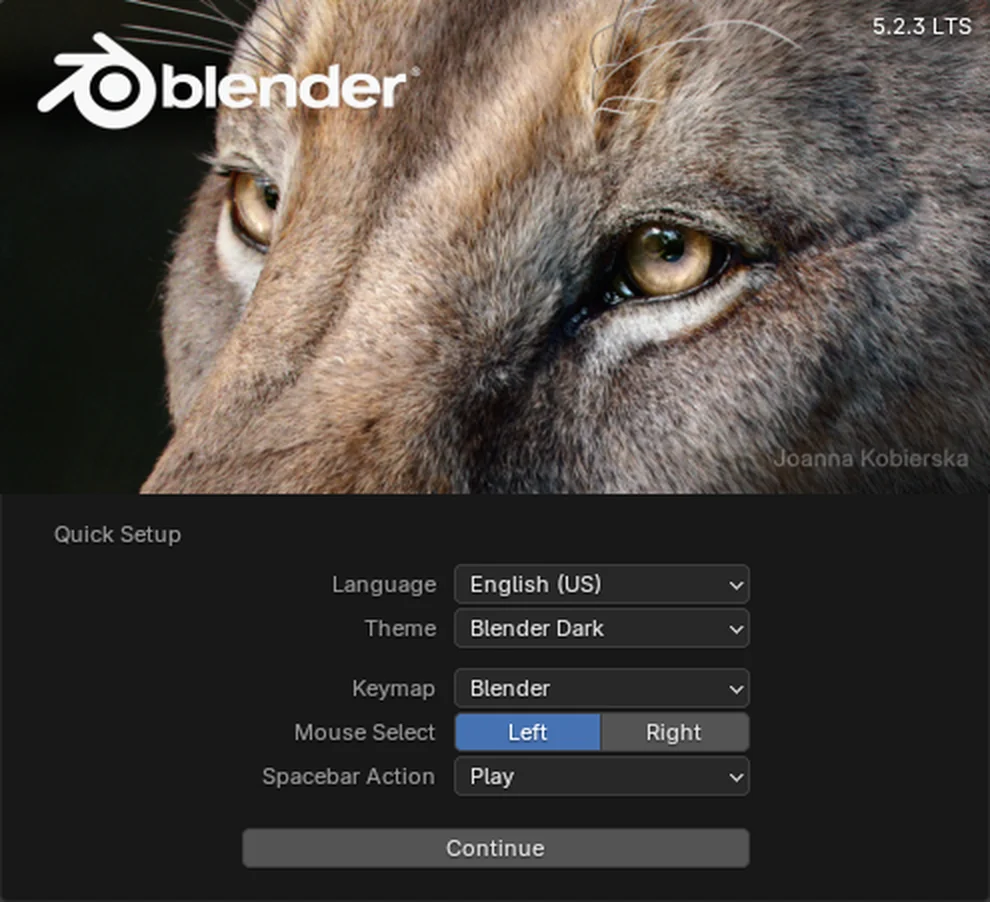 Blender's Quick Setup screen with Language, Theme, Keymap, Mouse Select and Spacebar Action, and the Continue button