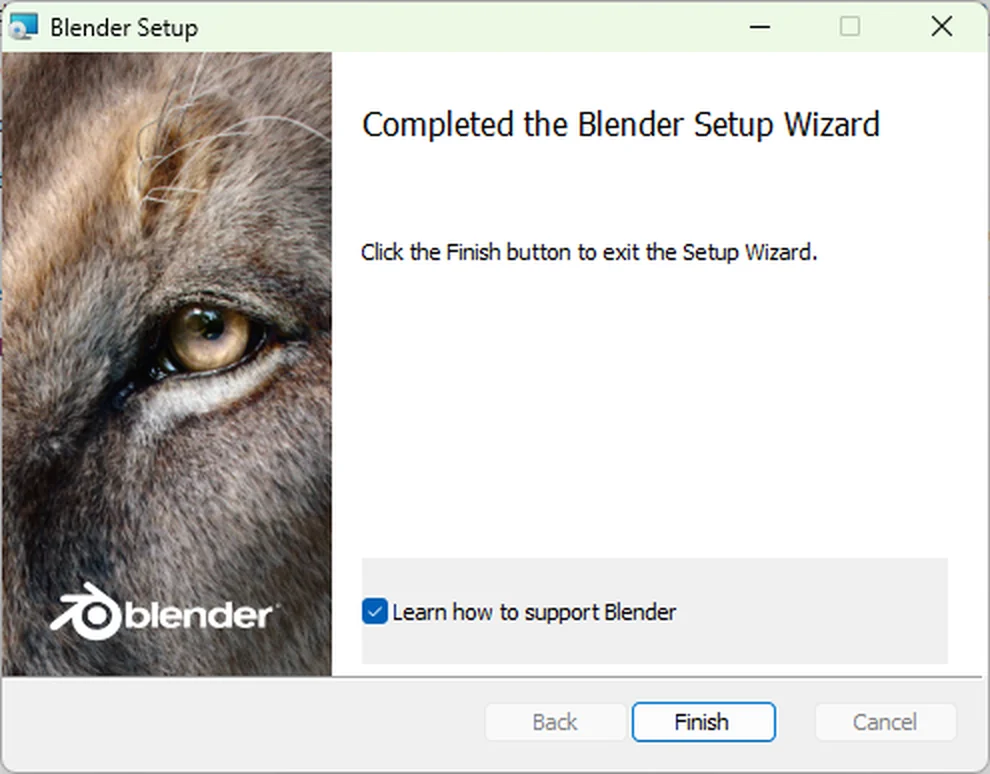 The Completed the Blender Setup Wizard screen, with the Learn how to support Blender checkbox and the Finish button