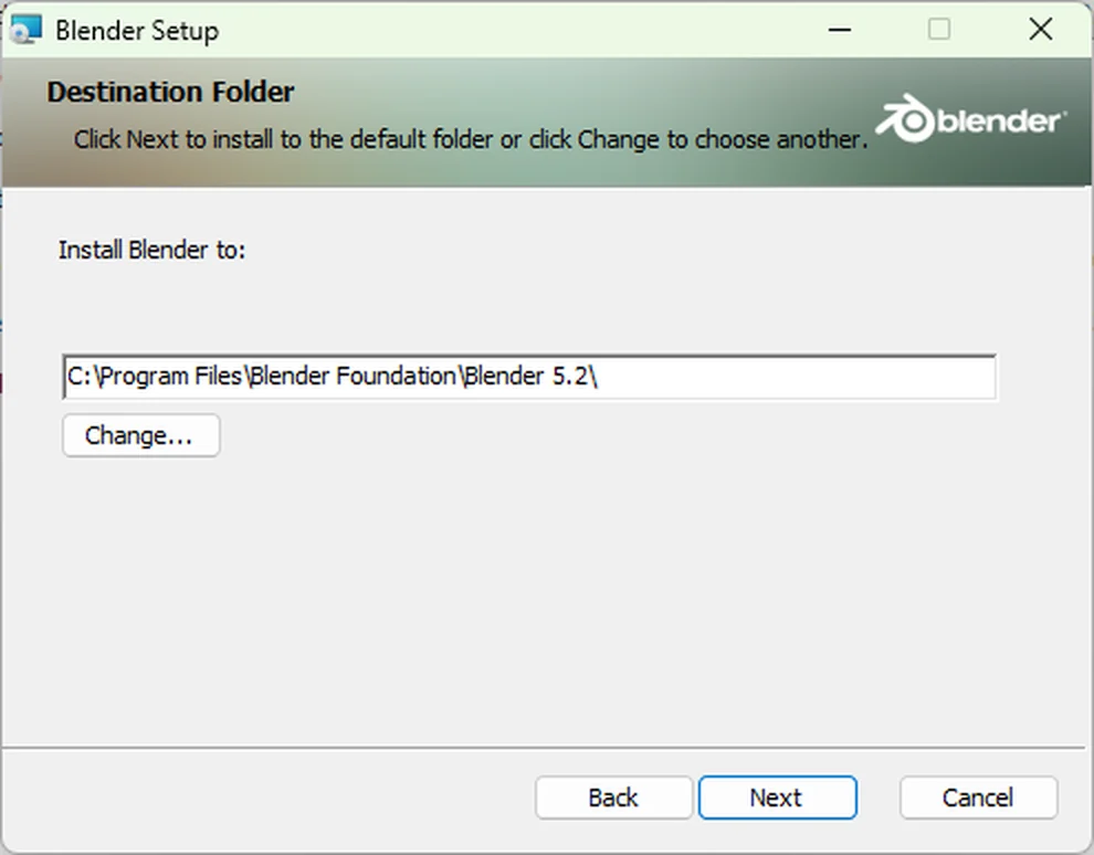 The Destination Folder screen of Blender Setup, installing to C:\Program Files\Blender Foundation\