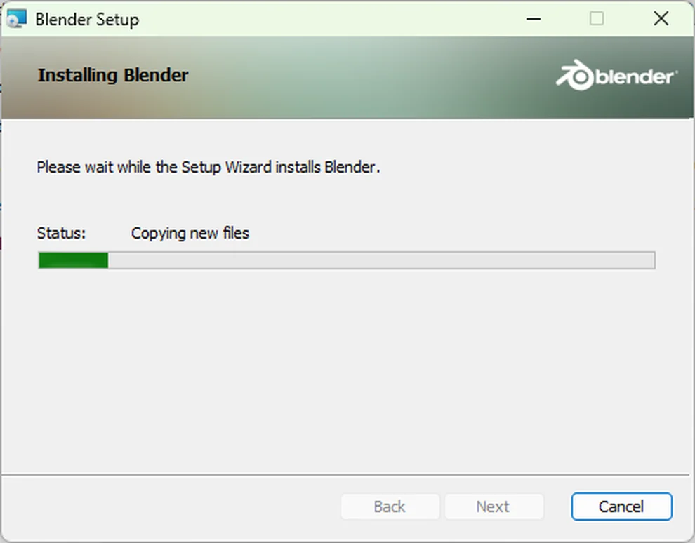 The Installing Blender screen of Blender Setup, with its progress bar