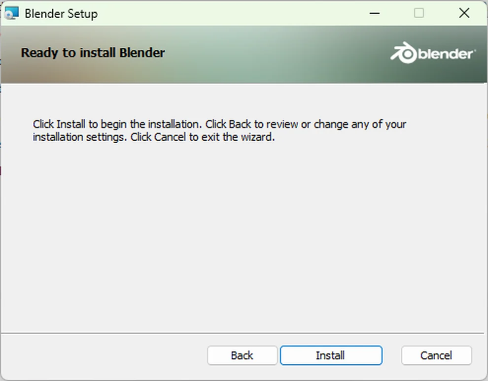The Ready to install Blender screen of Blender Setup, with the Install button