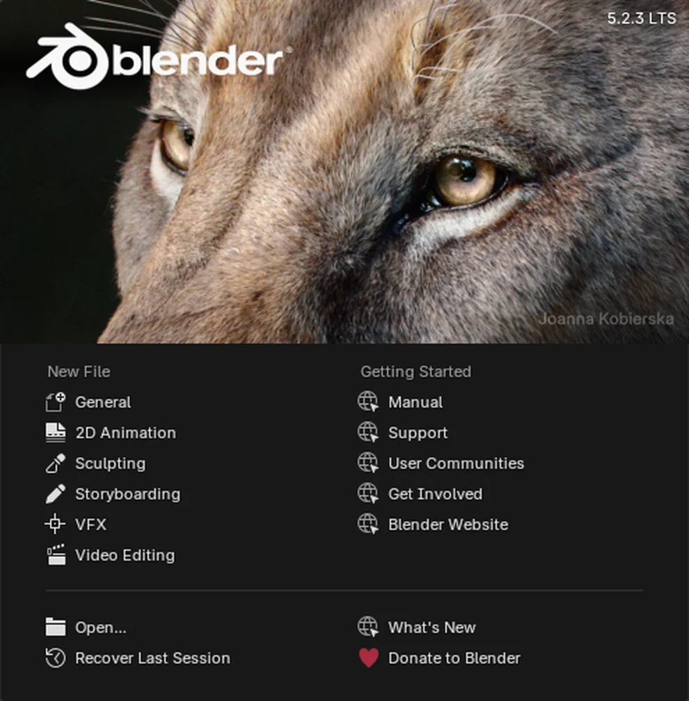 Blender's splash screen with the New File list, including General, and the Getting Started links