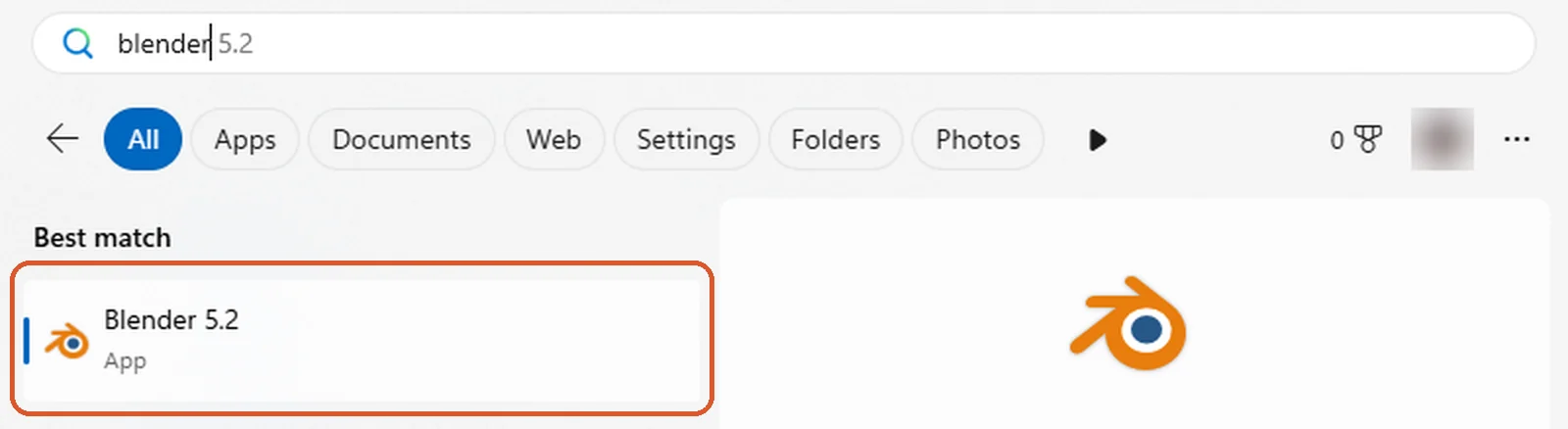 Windows Start menu search for Blender, with the Blender app as the best match
