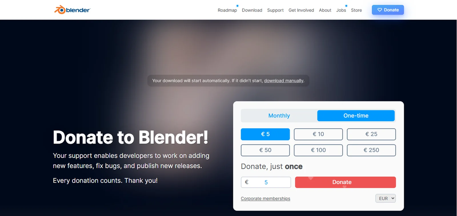 The blender.org Thanks page: your download will start automatically, with a download manually link and an optional donation form