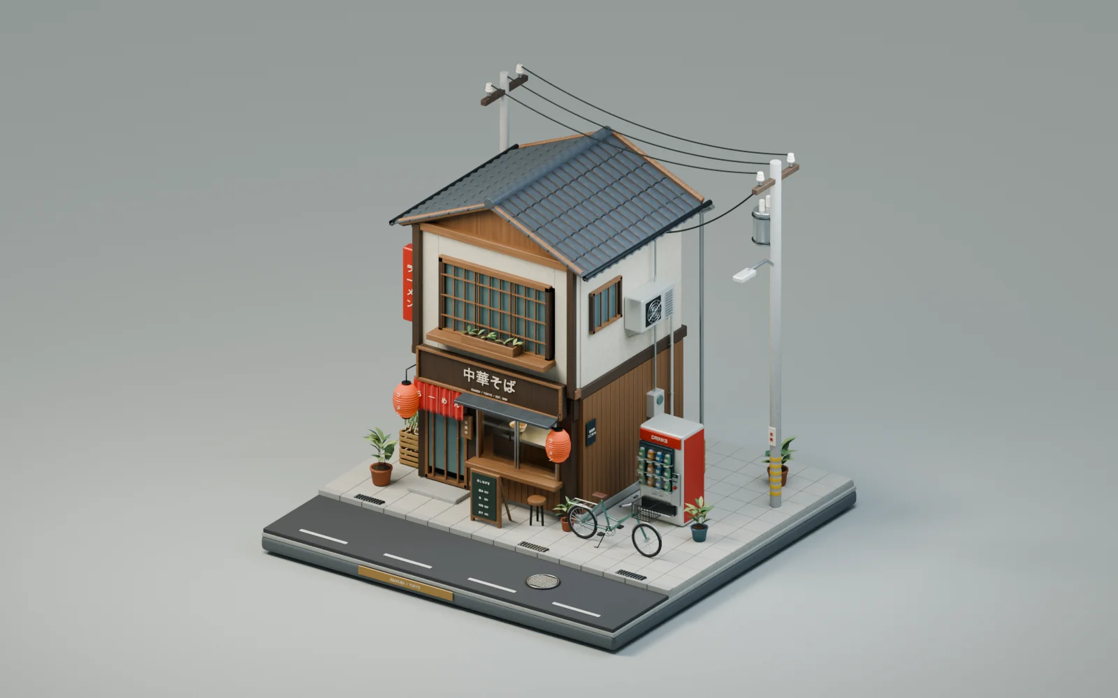 The ramen shop diorama in daylight: a two-storey wooden shop with a tiled roof, a red noren, paper lanterns, a vending machine, a bicycle, plants and a power pole, on a square base with a street in front