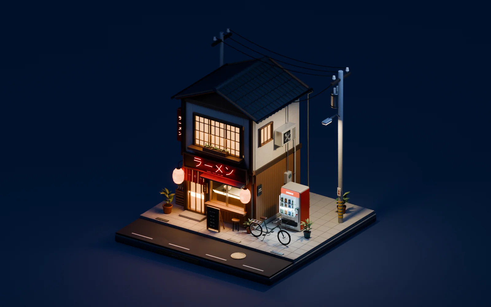 The same diorama at night: warm light in the windows, glowing lanterns, a red neon ラーメン sign, a lit vending machine and a street lamp under a deep blue sky
