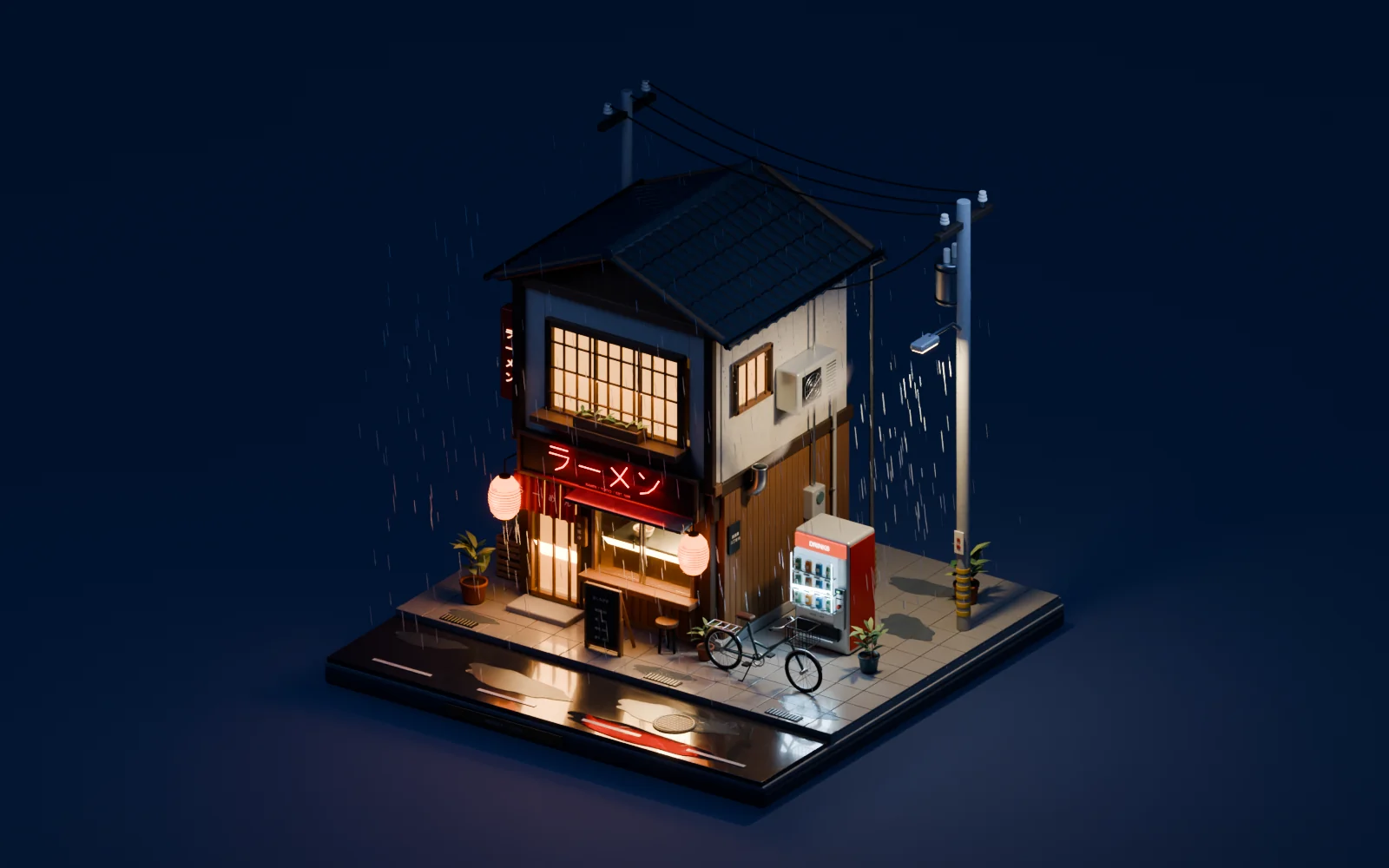 The night diorama in the rain: rain streaks caught by the street lamp, a wet street with the red neon and warm windows reflected in it
