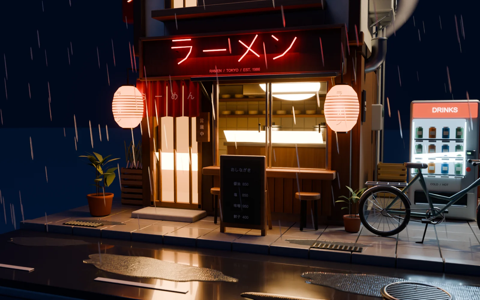 A film still of the ramen shop at night: a red neon ラーメン sign, a red noren curtain, glowing paper lanterns, a lit kitchen window, a vending machine and a bicycle, with rain streaks and warm reflections in the puddles