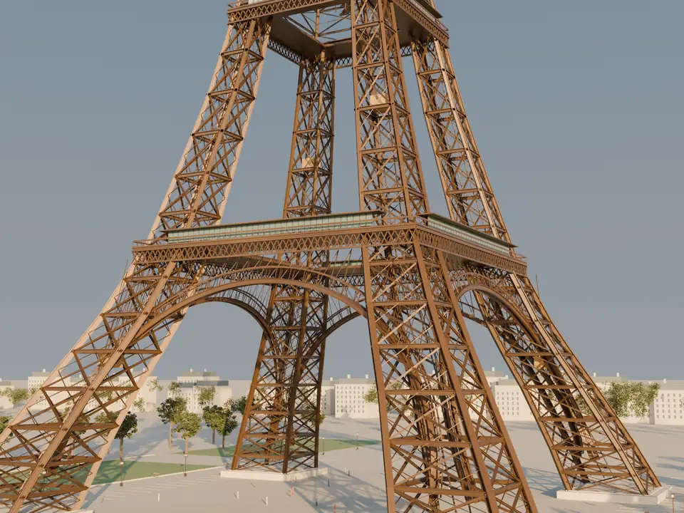 The Eiffel Tower seen from the ground near its arches, with trees and pale buildings behind.