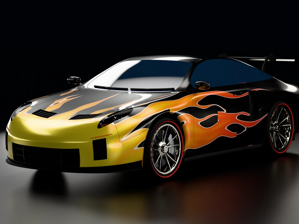 The same car repainted gloss black with yellow-to-red flames and chrome wheels.