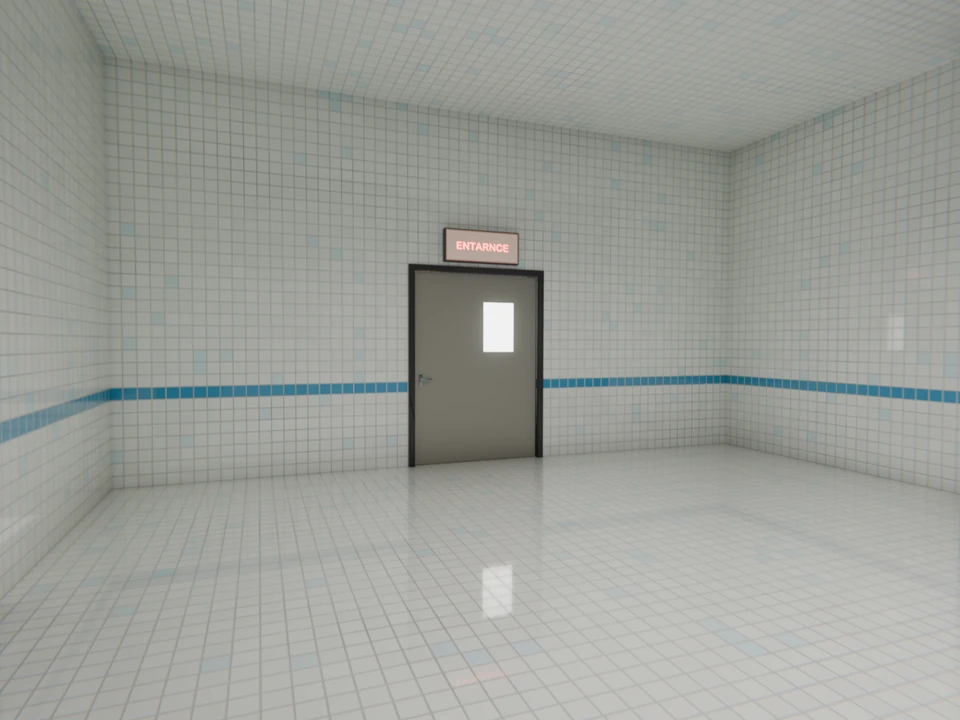 An empty white-tiled room with a gray door under a sign that reads ENTRANCE