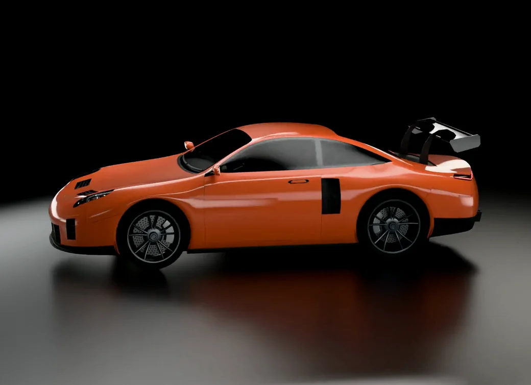 The 3D-Agent GT in Blender, side-on from one camera: the game-ready copy rendered with its baked textures, orange with a black wing