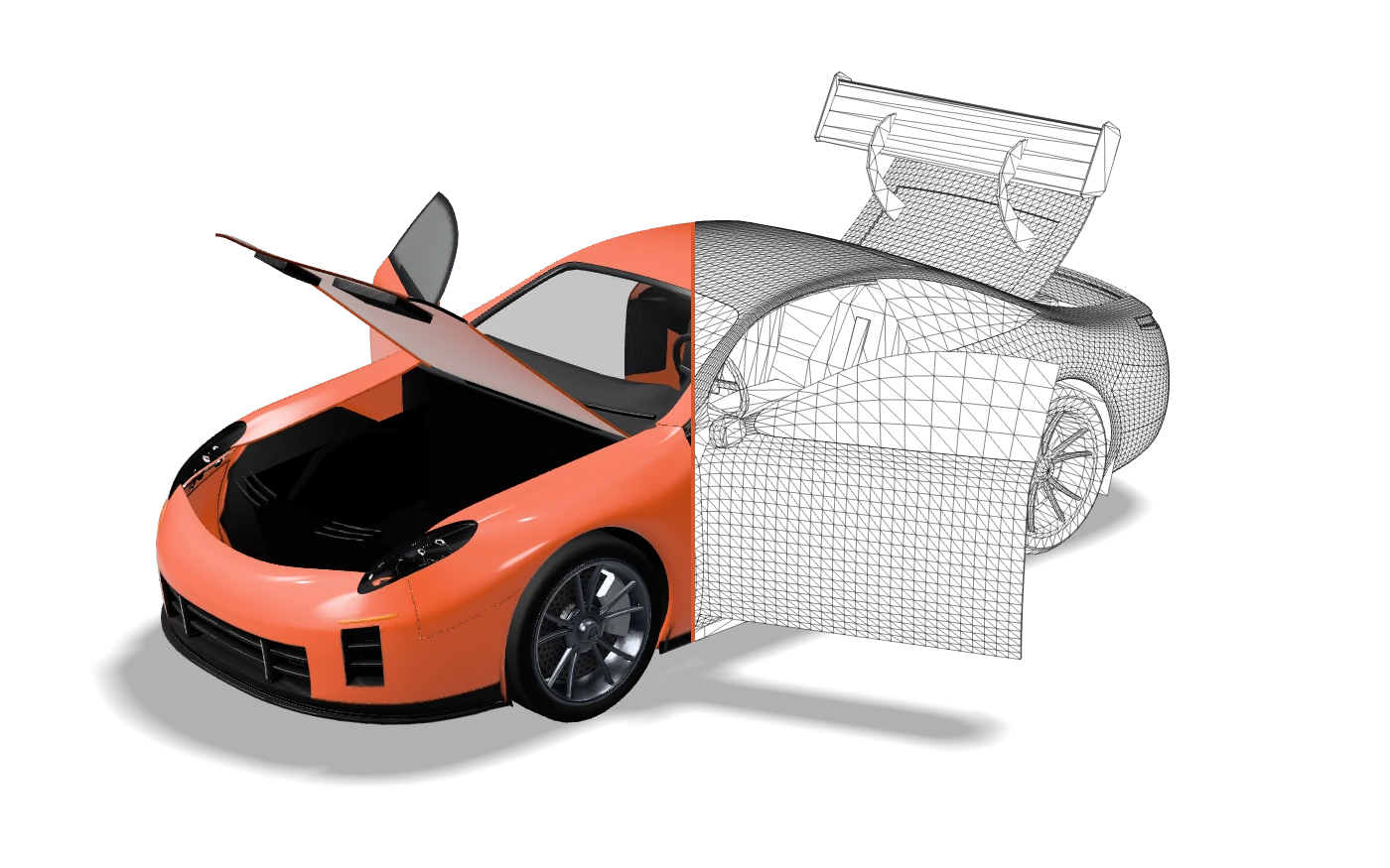 The game-ready 3D-Agent GT as exported from Blender, LOD0 of coupe-lod0.glb, seen from the front left and split down its middle by a thin orange seam: the left half rendered in orange, the right half drawn as the mesh's own triangle wireframe