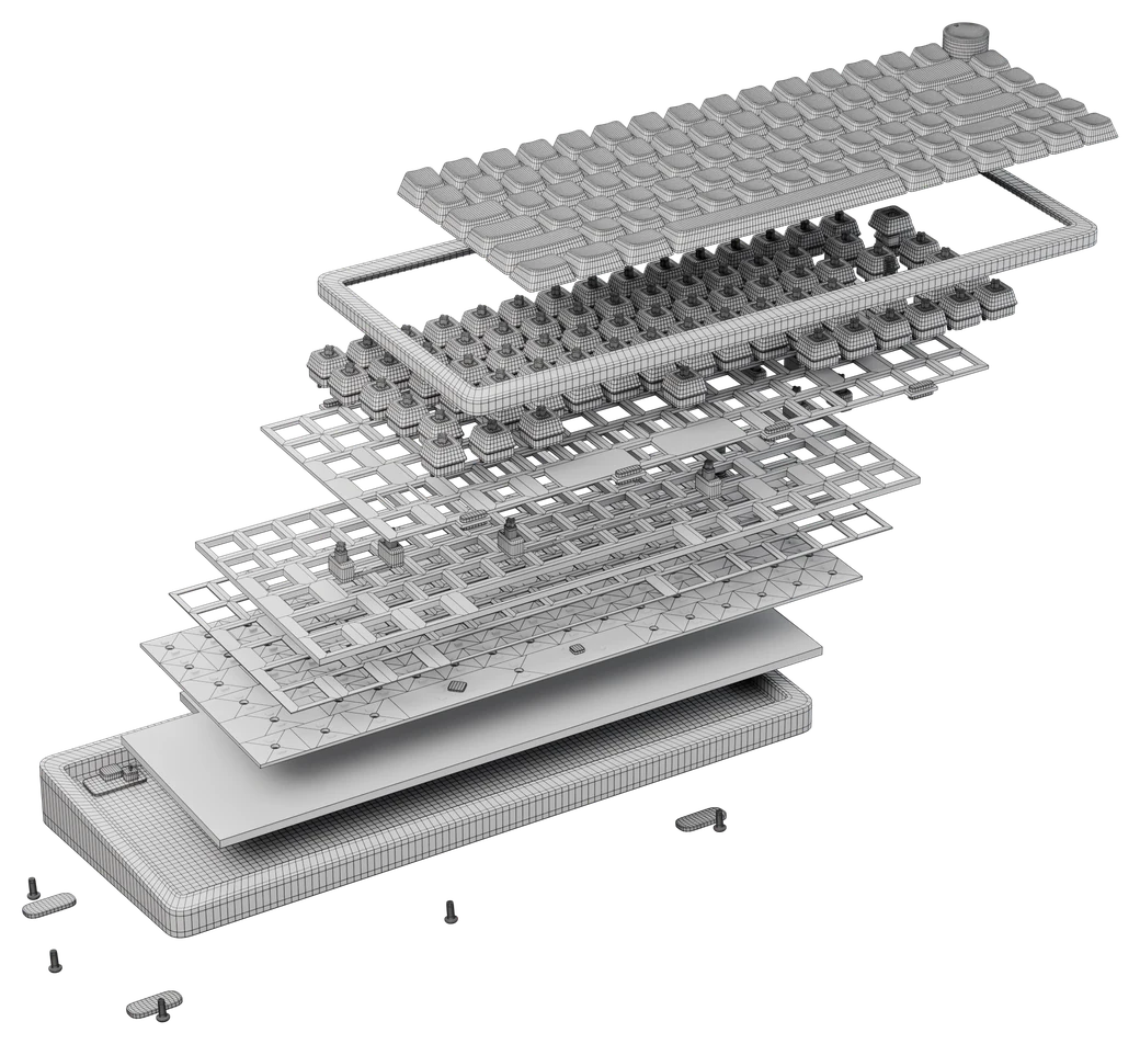 AGENT75 键盘在 Blender 里搭建的过程，灰色白模按层拆开，画出四边面线框：每一层都装好，最上面是键帽和旋钮