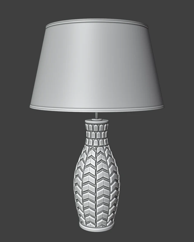 Blender 实体视图里的一盏带波浪浮雕陶瓷灯身、锥形灯罩的台灯，灰色。