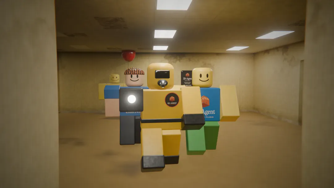 A Backrooms shot as the finished frame: three blocky avatars walking down a corridor under yellow office lights