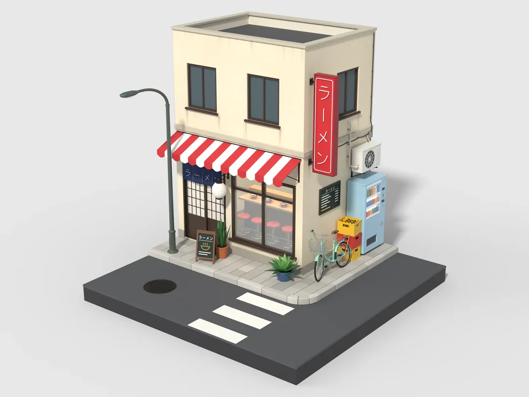 The same shop with its materials and props: cream walls, a striped awning, a vending machine, a bicycle
