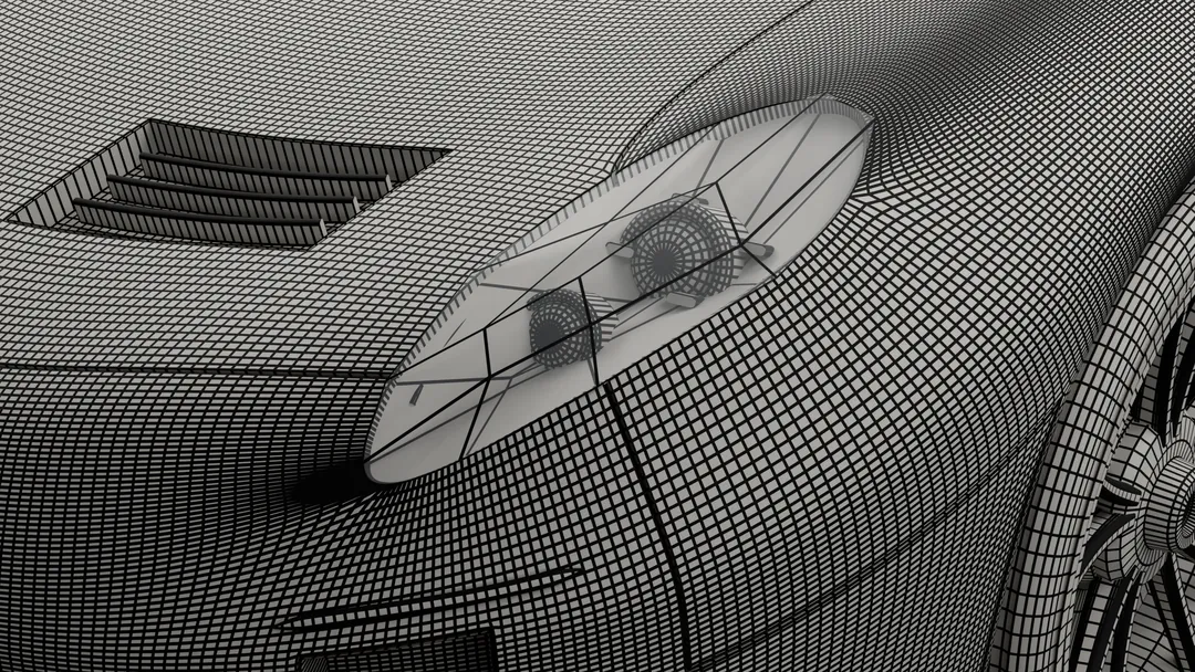 The 3D-Agent GT, the headlight and bonnet vent: the first build, 759,374 triangles, its mesh drawn over gray clay