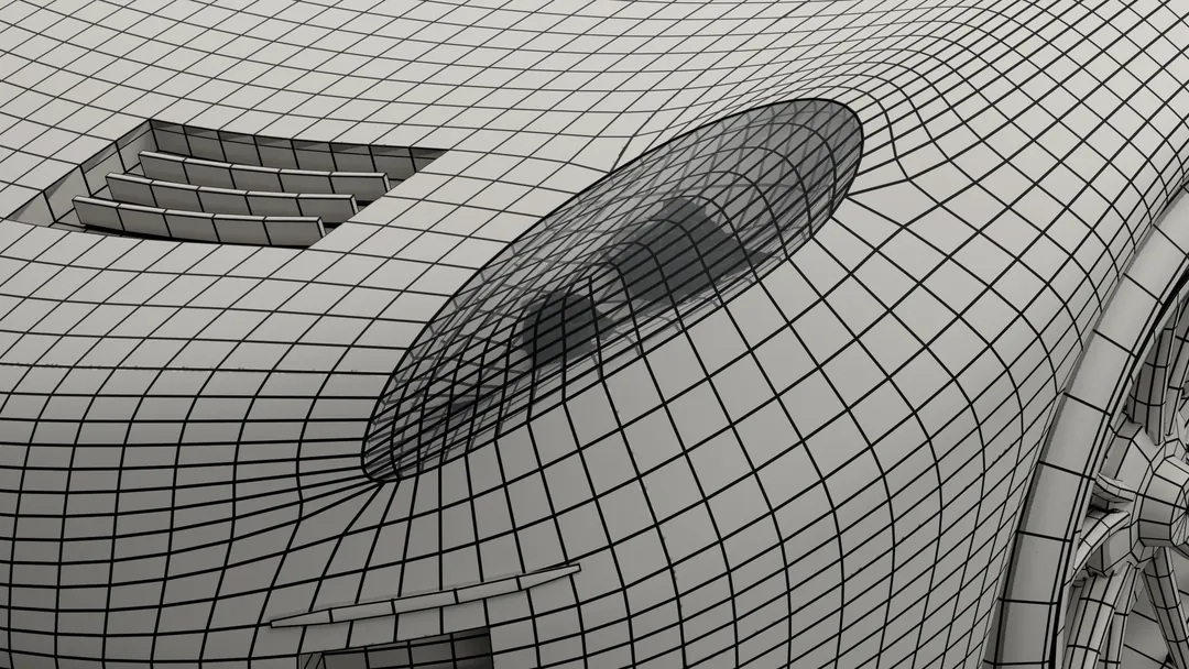 The 3D-Agent GT, the headlight and bonnet vent: the game-ready car, 50,064 triangles, its mesh drawn over gray clay