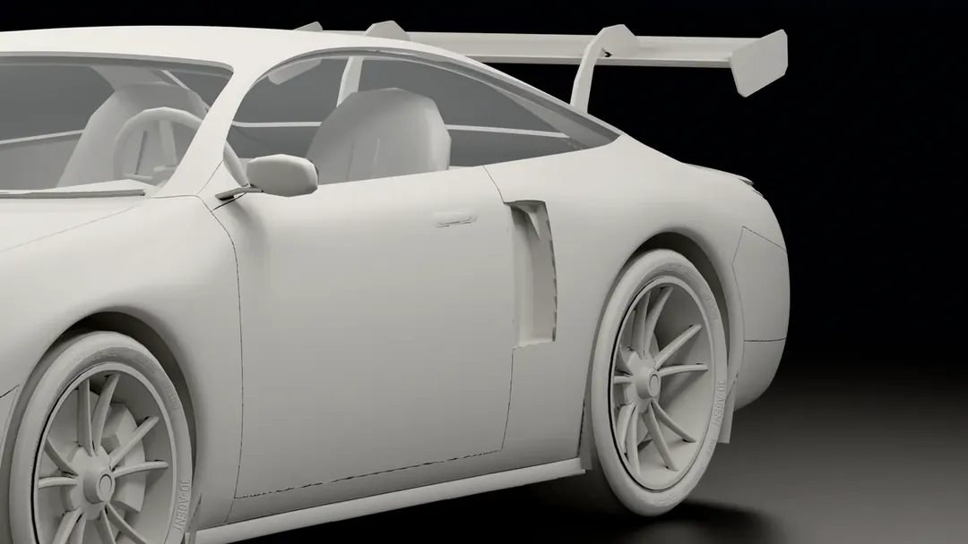 The game-ready coupe in gray clay, close on the cabin, the side intake, the rear wheel and the wing.