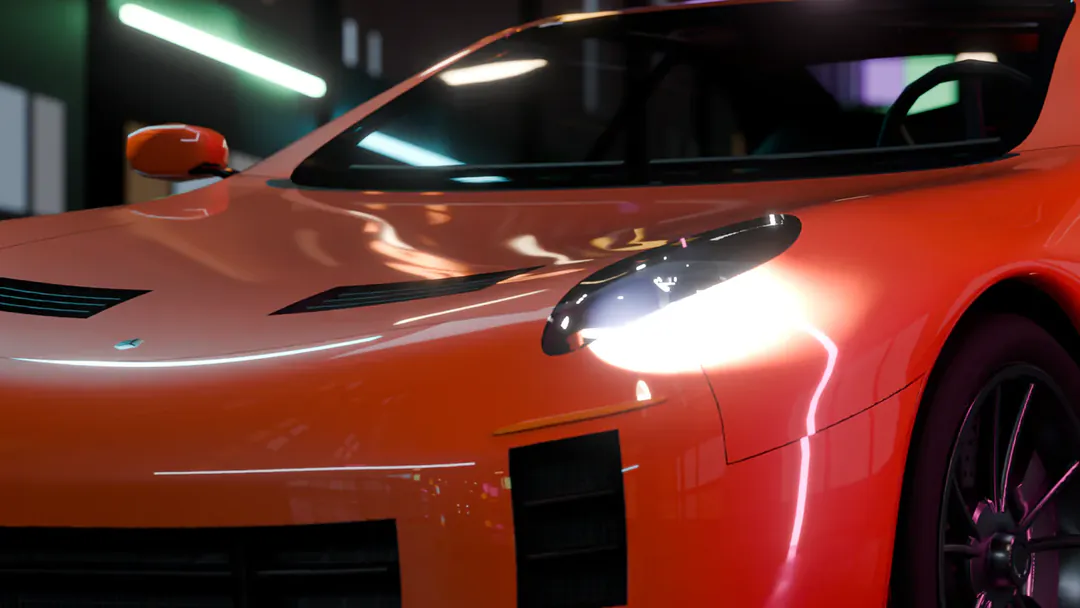 Close on the orange 3D-Agent GT at night: a lit headlight, the bonnet's vents and the front wheel, neon light behind.
