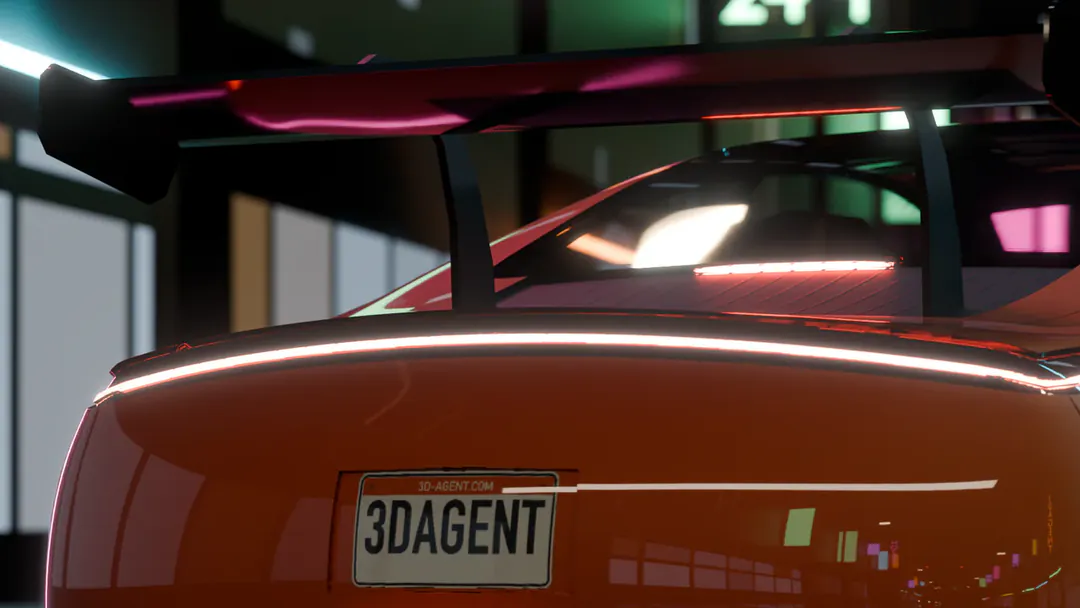 Close on the GT's tail on the same street: the rear wing, the full-width light bar and a plate reading 3DAGENT.