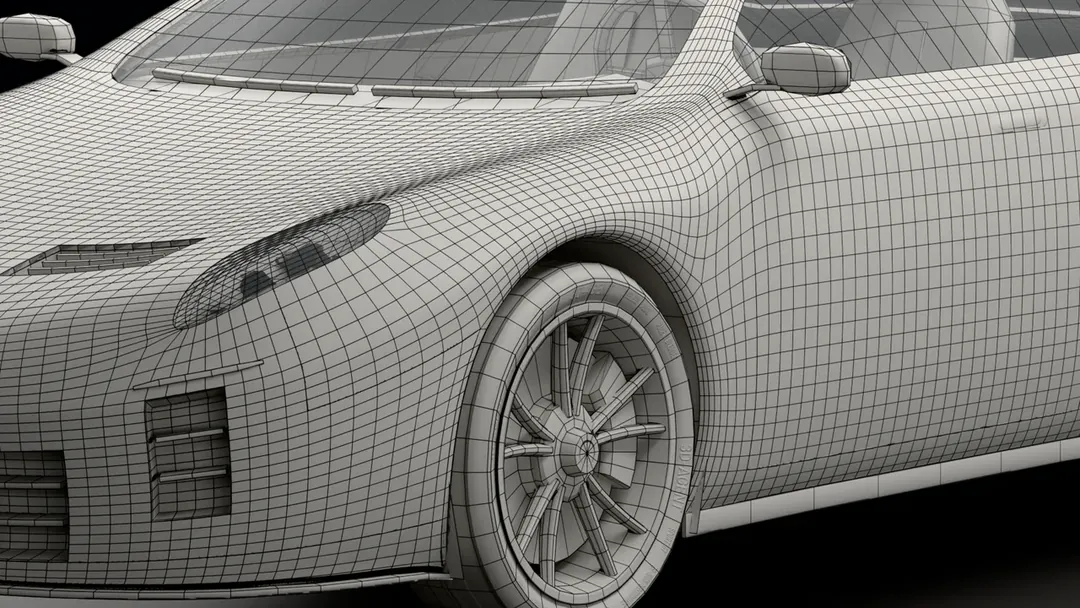 The game-ready coupe in gray with its mesh drawn over it, close on the bonnet, the headlight and the front wheel.