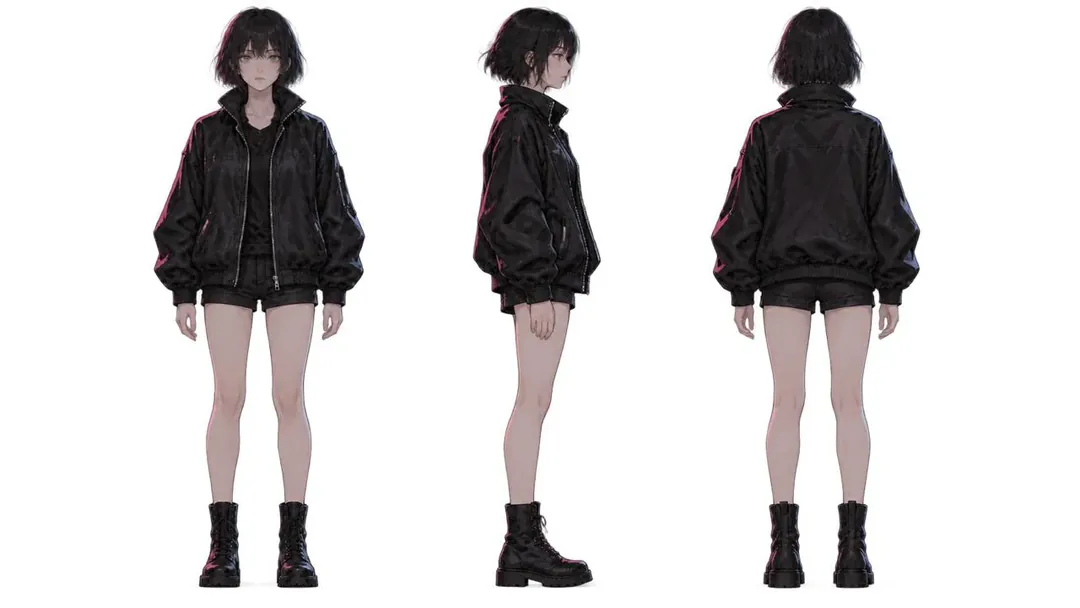 Character reference sheet: Hope from the front, the side and the back