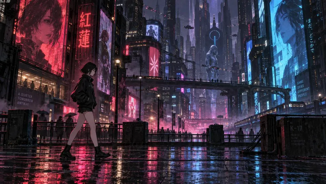 The first frame: Hope walking past the neon street