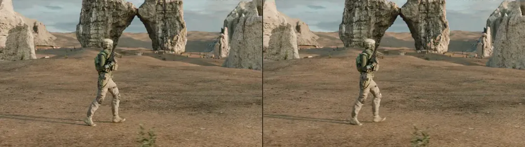 The soldier's two walks side by side: the first procedural walk and the motion-capture walk that replaced it