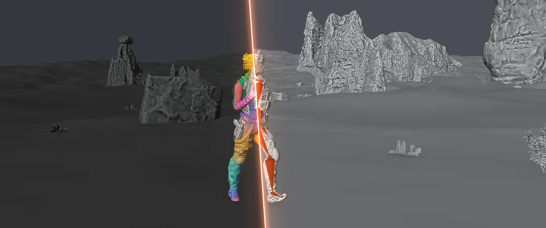 A soldier walks across a desert canyon; scan-line wipes take the shot from the render to her mesh and skeleton, her skin weights and the wireframe