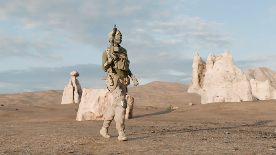 The soldier mid-stride in a desert canyon, rendered in Blender