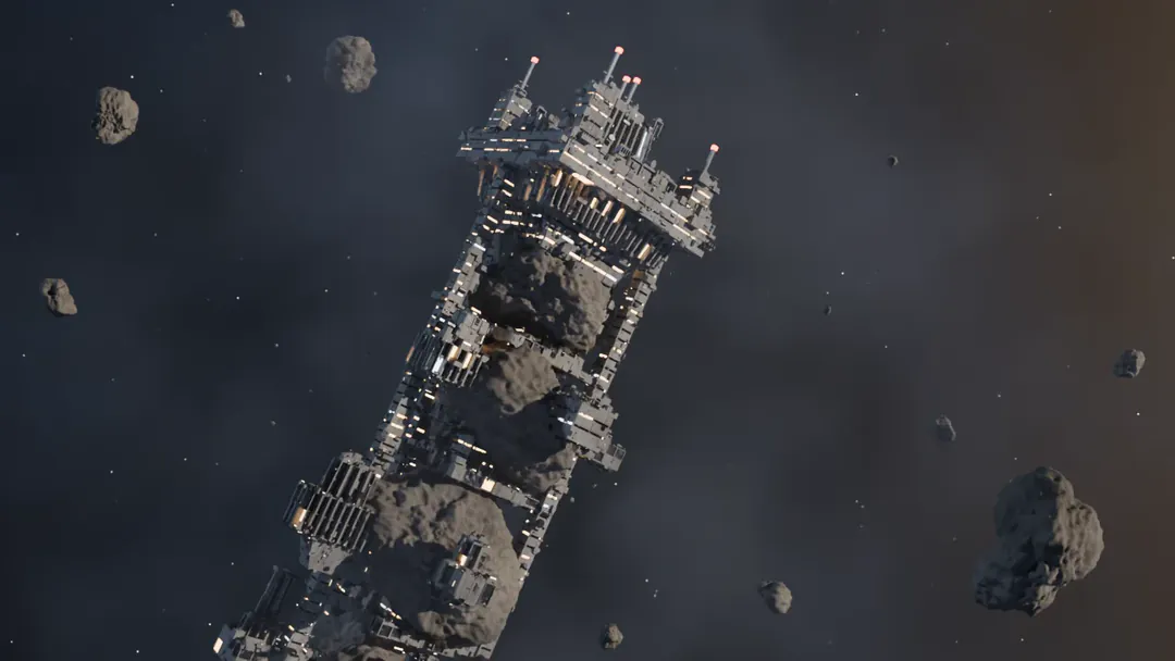 A fortress of towers and docks built into a long asteroid