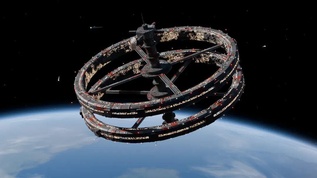 A ring-shaped space station over a planet