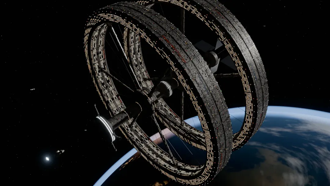 A space station of two great rings above a planet