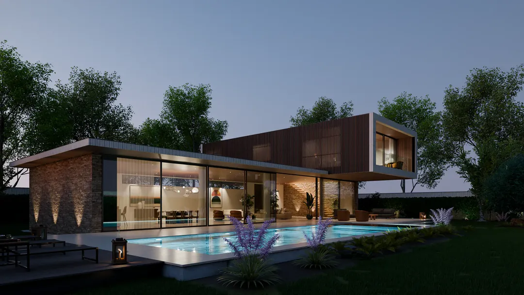 The villa at dusk: a two-storey house with lit glass walls over its pool, rendered in Blender