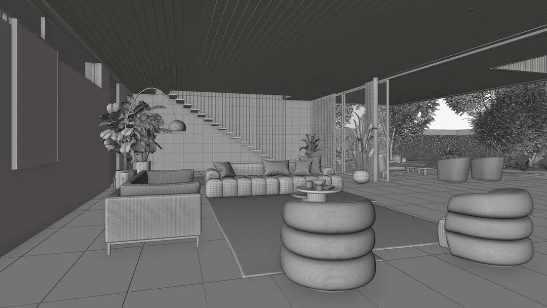 The villa's living room in Blender's mesh view: solid shading with the wireframe drawn over it